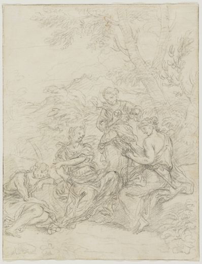 drawing: The Three Fates. black chalk on paper