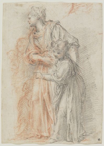 drawing: Woman and Child (a); Study of Leg (b). black and red chalk on paper