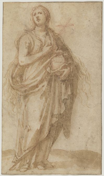 drawing: Mary Magdalene. pen and brown ink and brown wash over red chalk on paper