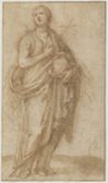 drawing: Mary Magdalene. pen and brown ink and brown wash over red chalk on paper