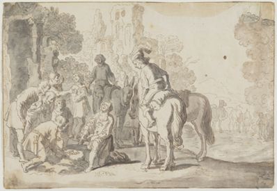 drawing: Joseph Sold by His Brothers. pen and brown ink, grey and brown wash over graphite on paper
