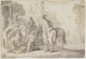 drawing: Joseph Sold by His Brothers. pen and brown ink, grey and brown wash over graphite on paper