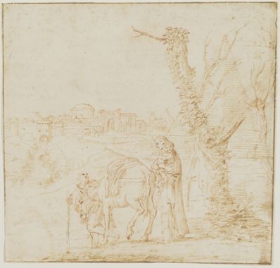 drawing: The Flight into Egypt. pen and brown ink over red chalk on paper