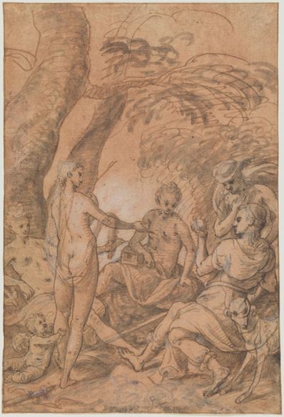 drawing: Judgment of Paris. pen and brown ink, brown wash heightened with white on rose-colored prepared paper