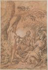drawing: Judgment of Paris. pen and brown ink, brown wash heightened with white on rose-colored prepared paper