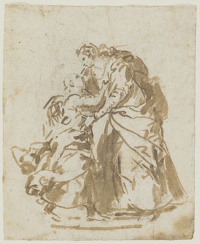 drawing: The Visitation (a); compositional sketch (b). brush and brown ink over graphite on paper