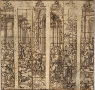 drawing: Three Designs for Stained Glass Windows. pen and brown ink, grey wash over black chalk, (traces of red chalk) on paper
