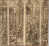 drawing: Three Designs for Stained Glass Windows. pen and brown ink, grey wash over black chalk, (traces of red chalk) on paper