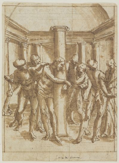 drawing: The Flagellation. pen and brown ink, brown wash over black chalk on paper
