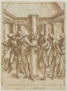 drawing: The Flagellation. pen and brown ink, brown wash over black chalk on paper