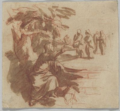 drawing: Christ Preaching. pen and brown ink, brush and brown wash over red chalk on paper