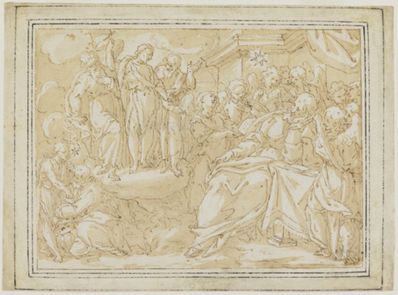 drawing: The Vision of Saint Marcellus. pen and brown ink, brown wash over black chalk on paper