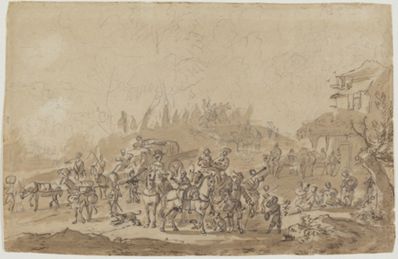 drawing: Soldiers Stopping to Rest. pen and brown ink, brown wash, over graphite on paper