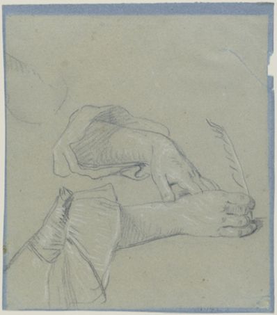 drawing: Two Hands of a Woman Writing with a Quill. black and white chalk on blue paper