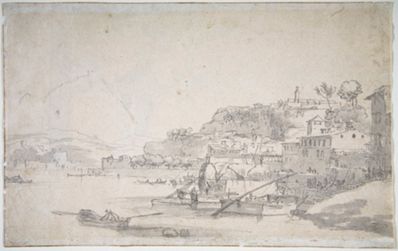 drawing: View of a Port  (recto). graphite and grey wash on paper