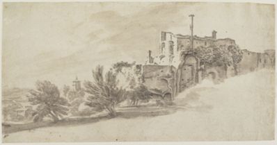 drawing: Landscape with Classical Ruins. brush and brown wash over graphite on paper