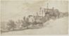 drawing: Landscape with Classical Ruins. brush and brown wash over graphite on paper