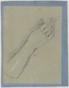 drawing: A Hand Holding a Stylus. black and white chalk on blue paper