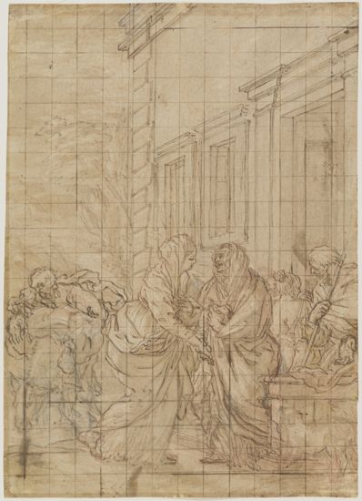 drawing: The Visitation. pen and brown ink, brush and brown wash, red chalk heightened with white on paper