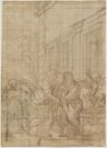drawing: The Visitation. pen and brown ink, brush and brown wash, red chalk heightened with white on paper