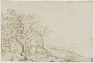 drawing: Landscape with River. brush and blue ink over black chalk on paper