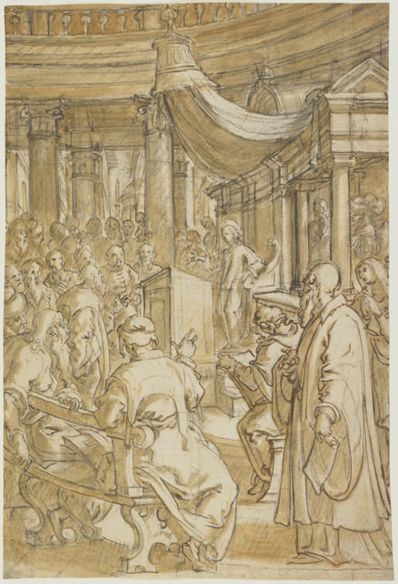 drawing: Christ Among the Doctors. brush and brown ink and brown wash over black chalk on paper