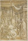 drawing: Christ Among the Doctors. brush and brown ink and brown wash over black chalk on paper