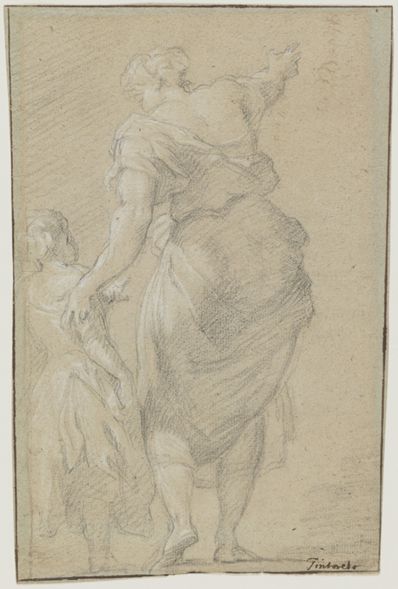 drawing: Woman and Child. black and white chalk on grey-green paper