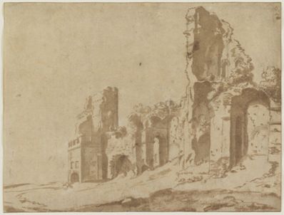 drawing: View of the Aurelian Walls of Rome (a); sketch of exterior wall (b). brush and brown ink and brown wash over black chalk on paper