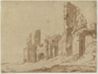 drawing: View of the Aurelian Walls of Rome (a); sketch of exterior wall (b). brush and brown ink and brown wash over black chalk on paper