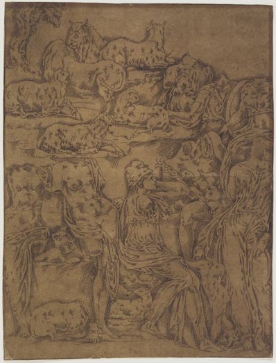 drawing: Copy after the Antique. pen and brown ink and brown wash on paper