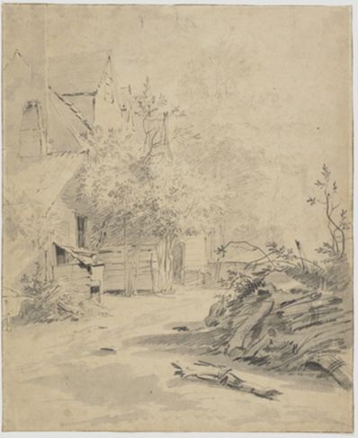 drawing: Farm Buildings. black crayon, black chalk, and grey wash on paper
