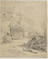 drawing: Farm Buildings. black crayon, black chalk, and grey wash on paper