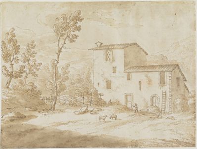 drawing: Landscape with Farm Building. pen and brown ink, brown wash, over black chalk on paper
