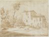 drawing: Landscape with Farm Building. pen and brown ink, brown wash, over black chalk on paper
