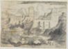 drawing: Landscape with Buildings (a); pen sketches (b). pen and brown ink and grey wash over black chalk on paper