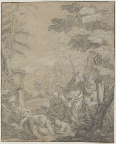 drawing: The Israelites Gathering Manna. black chalk and grey wash on brown laid paper