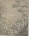 drawing: The Israelites Gathering Manna. black chalk and grey wash on brown laid paper