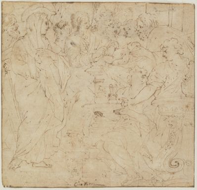 drawing: The Circumcision. pen and brown ink over red chalk on paper