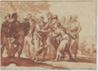 drawing: Moses Pouring Water From the Rock. pen and brown ink, red wash, over traces of black chalk on paper