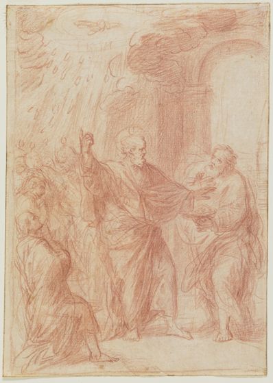 drawing: Peter Denouncing Simon (a); Christ Delivering the Keys to Peter (b). red chalk on paper