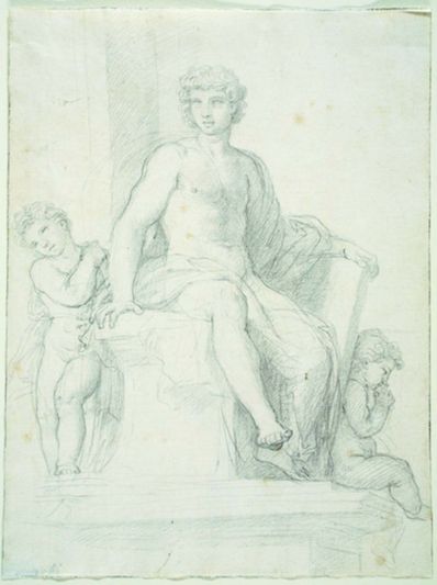 drawing: Statue of Nude Youth with Two Putti (recto). black chalk on paper