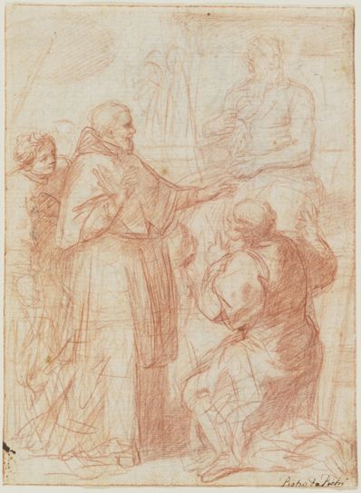 drawing: A Pope in Michelangelo's Studio (a); Ceiling Design with Musicians (b). red chalk on paper