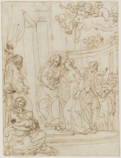 drawing: The Visitation. pen and brown ink and light brown wash over black chalk on paper