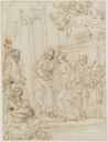 drawing: The Visitation. pen and brown ink and light brown wash over black chalk on paper