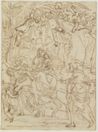 drawing: The Flight into Egypt. pen and brown ink over black chalk on paper