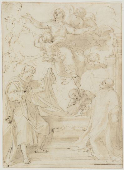drawing: The Assumption, with St. Philip Neri and St. Francis. pen and brown ink, brown wash over black chalk on paper
