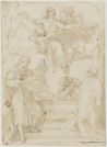 drawing: The Assumption, with St. Philip Neri and St. Francis. pen and brown ink, brown wash over black chalk on paper