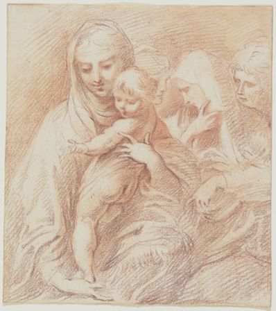 drawing: Madonna and Child with Three Holy Women. red chalk, rubbed areas on paper