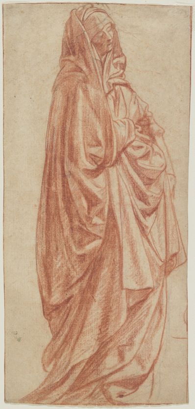 drawing: Standing Draped Woman. red and black chalk on paper
